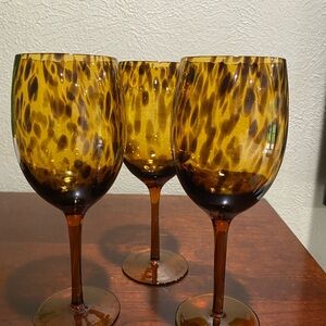 Set of 3, Amber Tortoise Shell Wine Glasses with a Translucent Brown Stem
